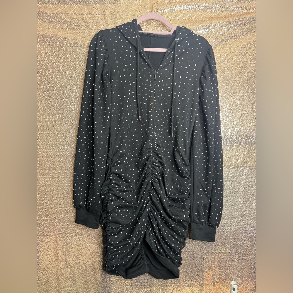 Black Ruched Hoodie Dress with Crystal Bling